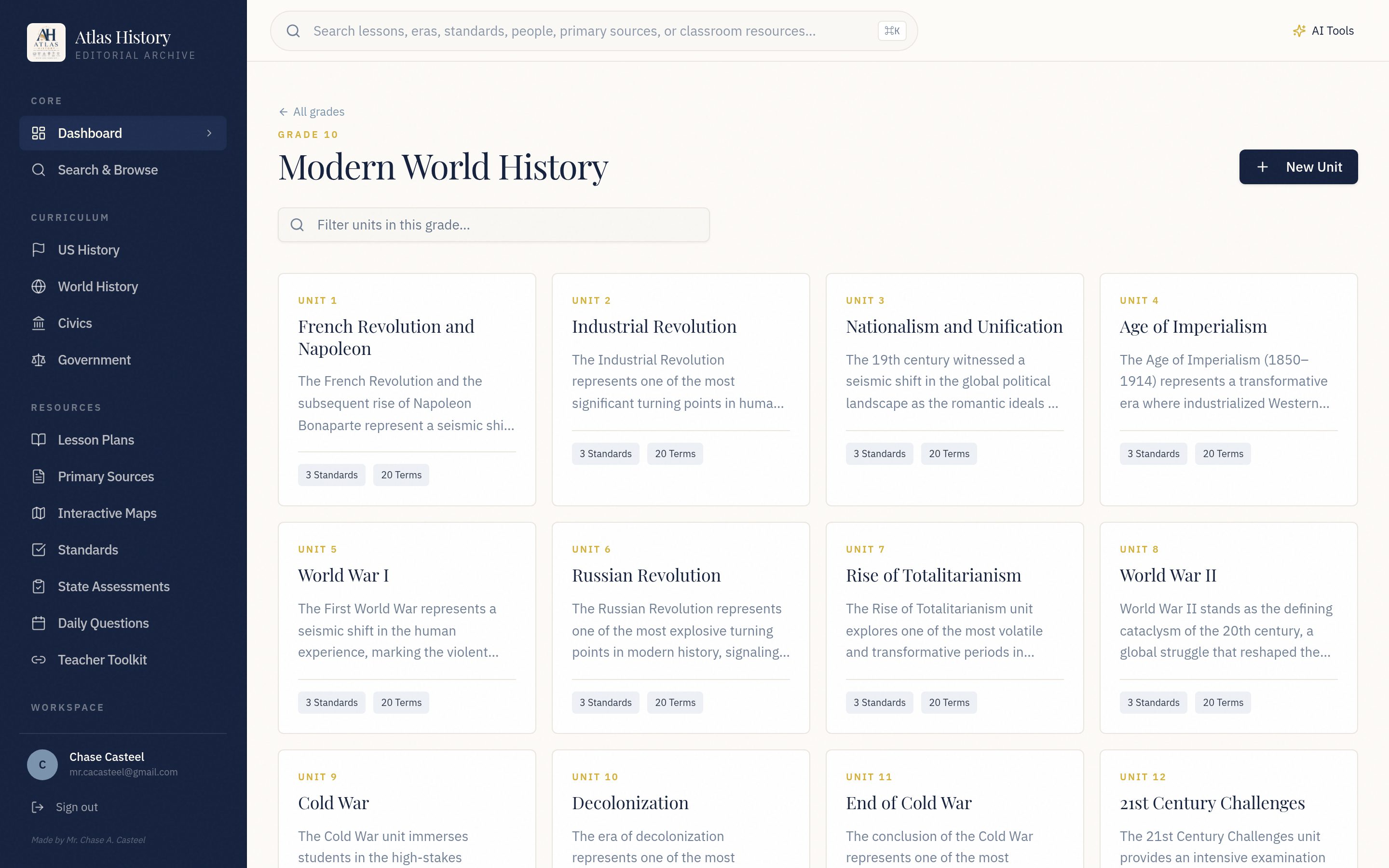 Atlas History dashboard preview showing 12 Grade 10 Modern World History units